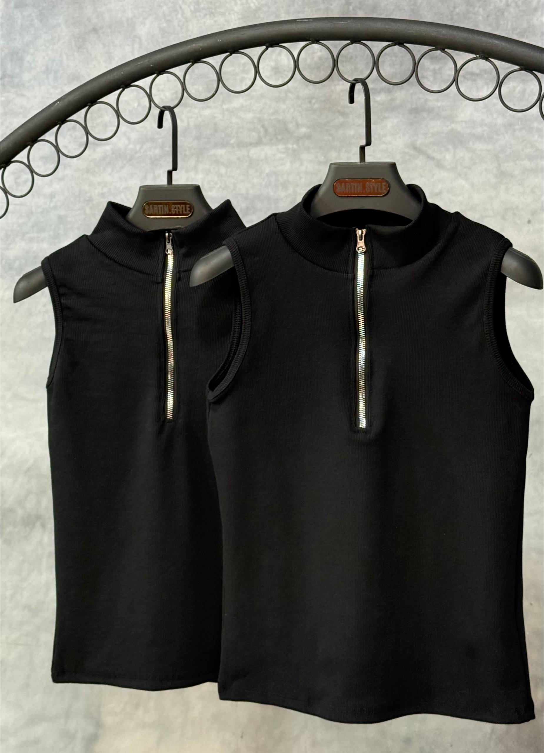 تاپ يقه ایستاده نیم زیپ مشکی(عمده) - Image 3